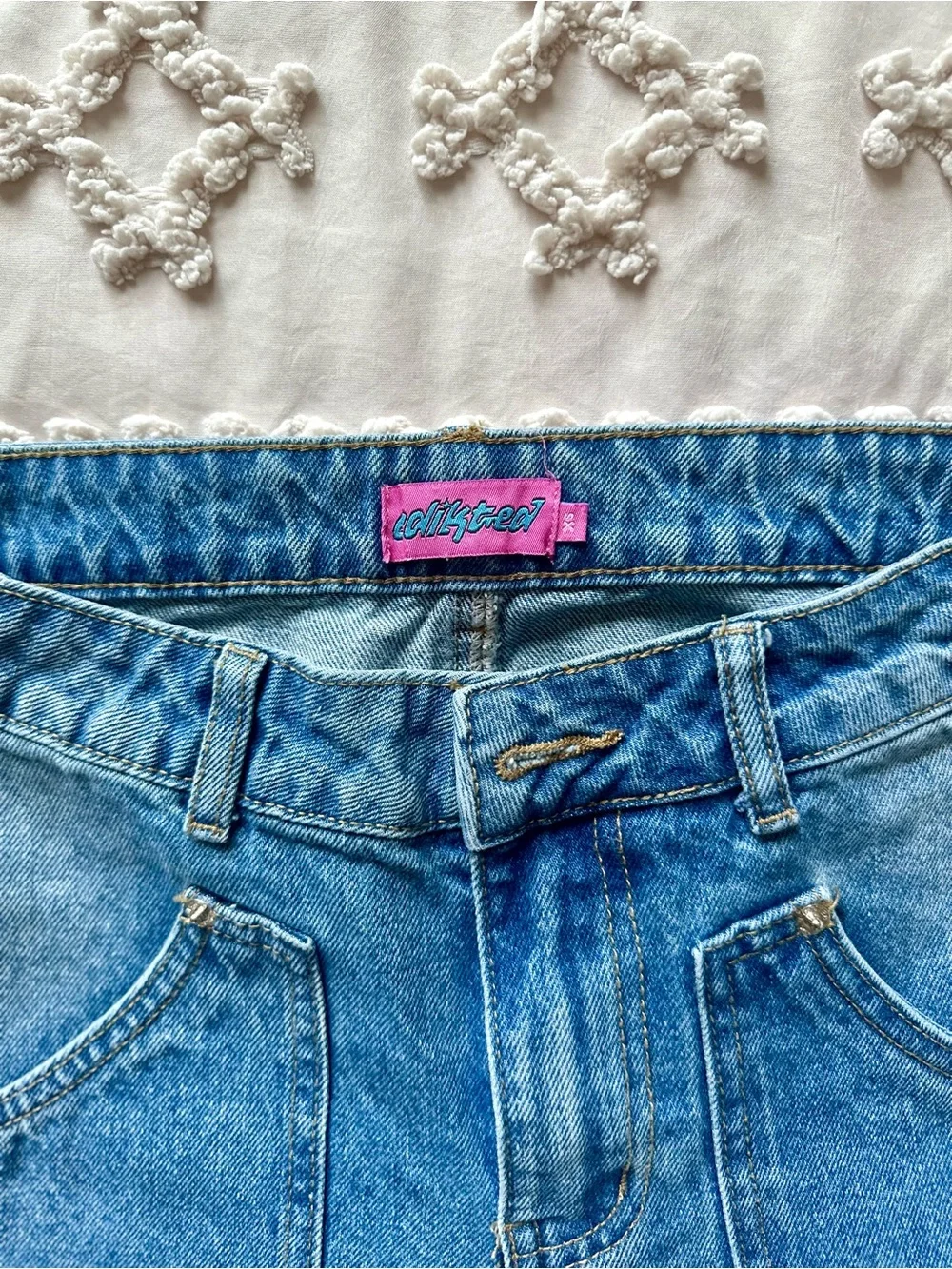 Edikted Westie Blue/Navy Washed Low Rise Baggy Cargo Jeans Size XS
